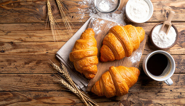 Baking process flat lay showing a baked and an unbaked croissant on a floured surface with coffee and ingredients.