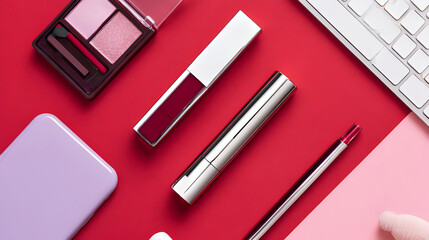 Makeup and Keyboard on Red Background