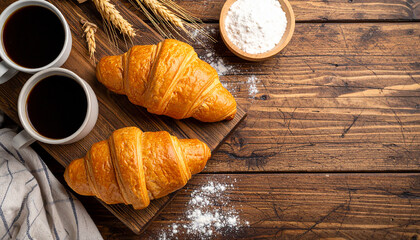 Baking process flat lay showing a baked and an unbaked croissant on a floured surface with coffee and ingredients.