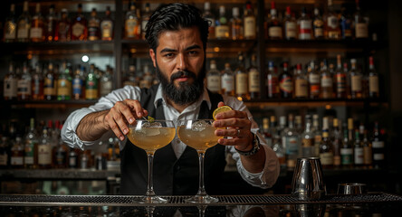 Realistic Bartender Serving Cocktails Bar Scene Nightlife Mixology