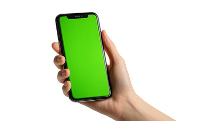 Hand Holding Smartphone with Green Screen on Transparent Background

