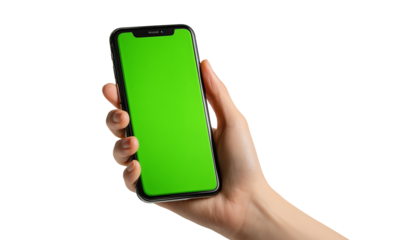 Hand Holding Smartphone with Green Screen on Transparent Background

