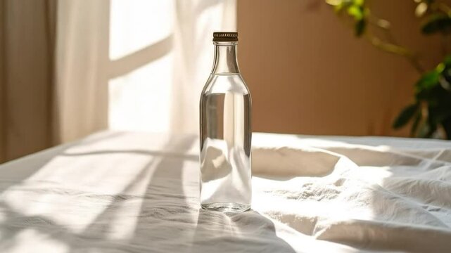 Clear glass water bottle stands on a rumpled white cloth in bright, natural sunlight with plant accents behind