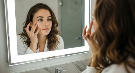 Woman examining face in mirror