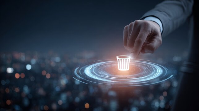 Deleting digital data with a trash can icon and a businessman's hand, symbolizing removal and management of online files.