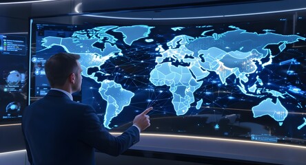 Businessman and businesswoman holding globes with map and technology elements