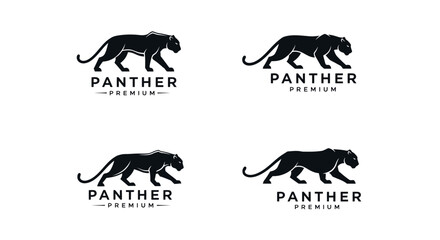 Obraz premium Four Black Panther Premium Logo Designs: Side Profile, Walking Pose, Stylized Silhouette