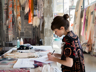 A fashion designer sketching new clothing designs in her creative workspace, surrounded by fabric samples, sewing tools, and vibrant patterns for a collection.