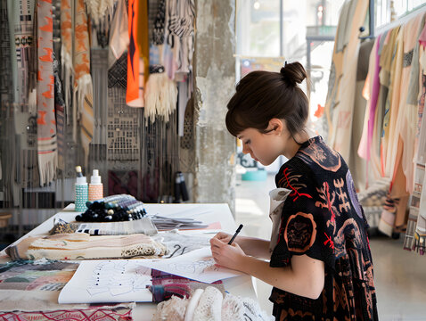 A fashion designer sketching new clothing designs in her creative workspace, surrounded by fabric samples, sewing tools, and vibrant patterns for a collection. - Powered by Adobe