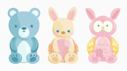 Fototapeta premium Minimalist animal-shaped building blocks (bear, rabbit, owl) in solid pastel colors, great for early childhood shape recognition.