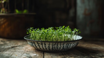 Freshly sprouted greens in a rustic bowl