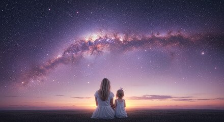 Mother and Daughter Gaze at Ethereal Cosmic Sky