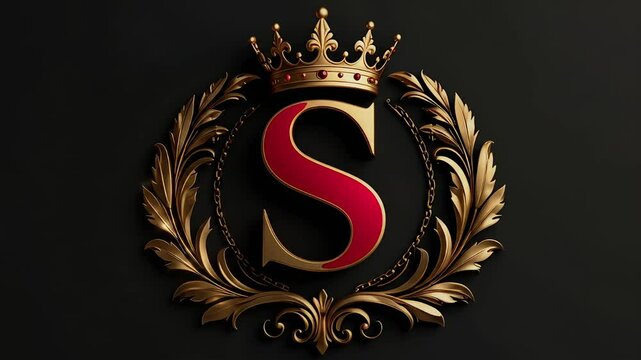 Luxurious gold & red letter S encircled by wreath and crown