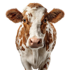 A brown and white spotted cow portrait isolated on transparent background
