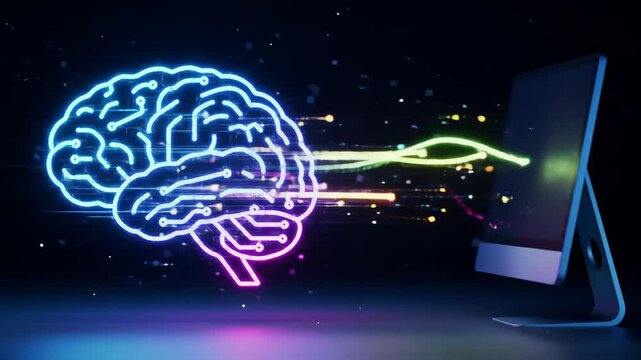 Neon brain and computer data transfer in dark digital space, animated energy filaments, 8s seamless loop - Powered by Adobe