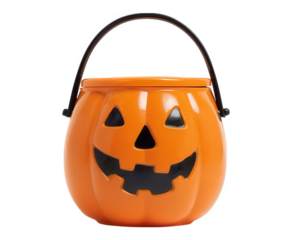 Halloween pumpkin bucket, orange plastic container, jack o lantern face, isolated on white, used for candy collection, festive and cheerful decoration