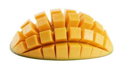 Half a mango on the peel, diced and turned inside out. Isolated on white background.