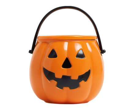 Halloween pumpkin bucket, orange plastic container, jack o lantern face, isolated on white, used for candy collection, festive and cheerful decoration