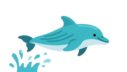 Obraz premium Cute cartoon Bottlenose Dolphin leaping out of water, playful marine mammal jumping with splashes, turquoise blue ocean animal illustration