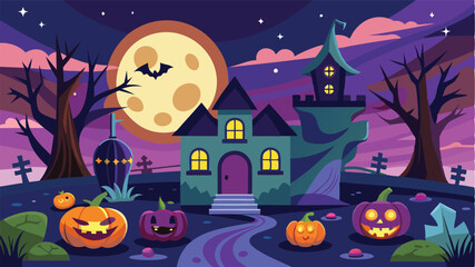 Haunted House Halloween Night with Pumpkins and Full Moon Vector Illustration

