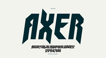 Sharp and bold gothic font for logo creation of for headlines, edgy geometric modern vector italic typeface, heavy metal and hard rock style alphabet with numbers.
