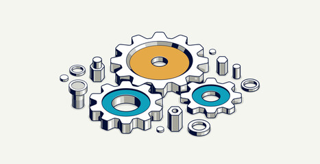 Obraz premium Industry and manufacturing concept, gears and cogs composition isometric 3D vector illustration, cogwheels system technology and technics machinery engine.