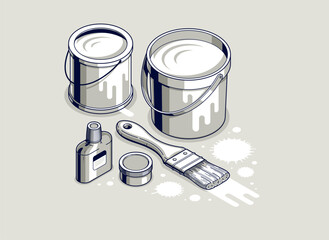 Painting walls whitewash service interior vector 3D isometric illustration, job professional renovation, residential flat renovate, apartment or house interior decoration.