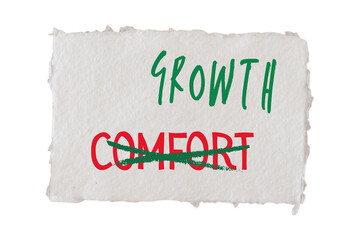 growth over comfort message on torn piece of paper isolated on white background PNG