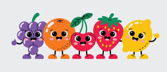 Cute cartoon fruits characters smiling and waving on a light grey background