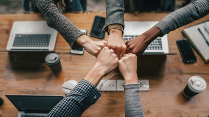 Overhead view of hands fist - bumping on office table, showcasing team collaboration with laptops, coffee cups and phones around