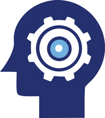 Abstract representation of a human head profile with a gear mechanism and concentric circles symbolizing thought processes and innovation