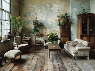 A cozy vintage living room with soft beige tones, antique furniture, and potted plants, creating a warm and tranquil setting perfect for relaxation and quiet moments.