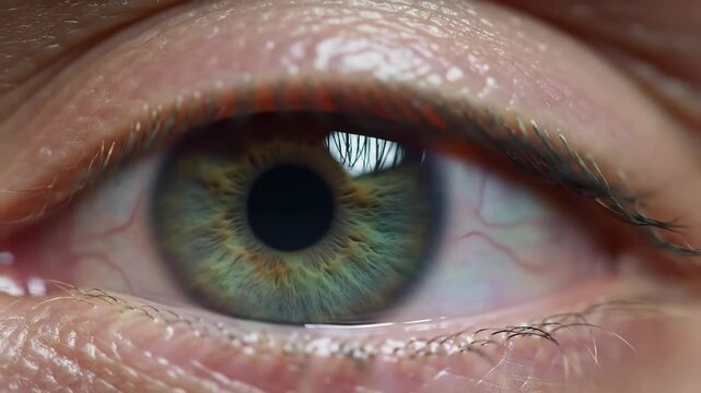 Hyperrealistic Green Eye Close-Up, Iris Fibers Undulate, Pupil Contracts, Reflections Shimmer, 8s Animation