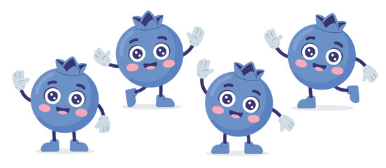 Four happy cartoon blueberries waving hello and standing on white background