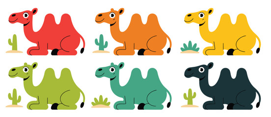 Collection of six cute cartoon camels in various bright colors with desert plants