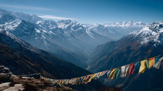 High altitude Himalayan landscape snowy peaks Buddhist prayer flags fluttering expansive valley view with spiritual and natural travel aesthetic