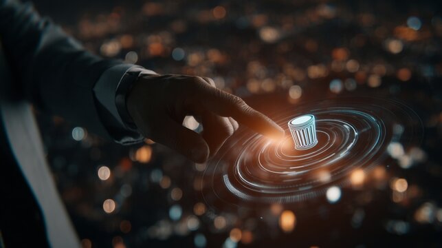 Businessman selecting the delete icon on a digital interface, with a cityscape backdrop, symbolizing data management and technology solutions. - Powered by Adobe