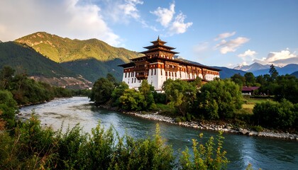 Majestic Bhutanese Dzong by River.
