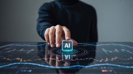 Person interacts with artificial intelligence button on an advanced interactive display