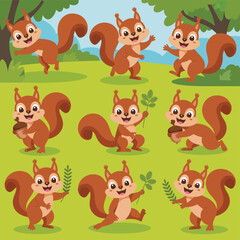 Obraz premium Cute cartoon squirrels in various poses holding acorns and leaves outdoors