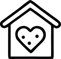 A simple black and white outline drawing of a house with a heart shape containing three dots inside