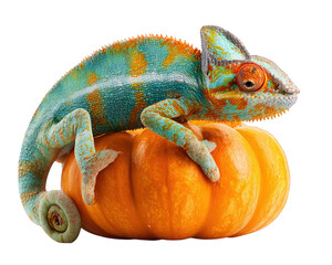 Obraz premium Chameleon pumpkin orange green reptile animal camouflage autumn isolated vibrant unique creative festive nature texture closeup exotic pet wildlife seasonal Halloween colorful detailed macro