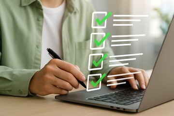 Completing Online Checklist: Man Checks Tasks on Laptop with Digital Pen, Efficient Workflow Illustration