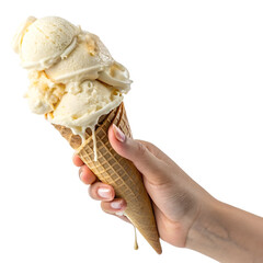 Hand Holding Vanilla Ice Cream Cone Isolated on White Background


