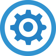 A simple blue gear icon with a white outline inside a larger blue circle on a white background representing settings or mechanics