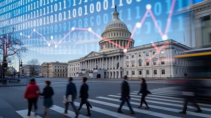 The United States Capitol Building stands amid financial data streams and pedestrian traffic in the District of Columbia