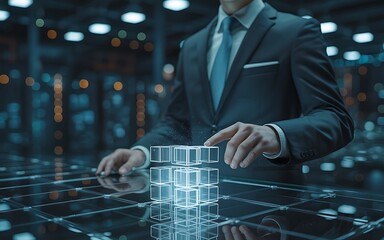 Business executive interacts with futuristic holographic user interface in a modern data center environment.