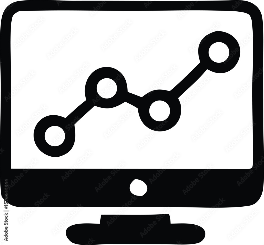 Poster simple black and white hand drawn icon of a computer monitor displaying an upward trending line grap