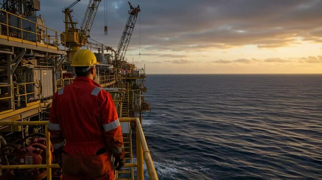 Offshore worker on an oil rig platform. Male engineer in protective workwear looking out at the sea during sunset. Energy industry and exploration concept.