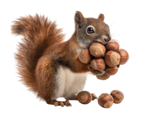 Squirrel rodent animal nut acorn hoard brown fluffy woodland silly expression isolated transparency background cute mammal autumn forest wildlife bushy tail small whisker alert nature wild snack